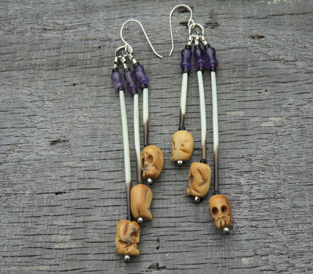 Porcupine Quill & Bone Earrings w/ Amethyst